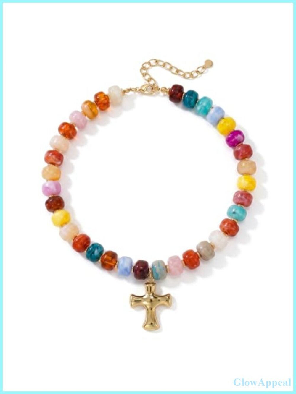 Chunky Beaded Cross Necklace with Gold Pendant, Adjustable Lobster Clasp